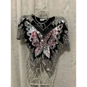 NEW WITHOUT TAGS Valachi Creations Vintage 1970s butterfly sequinned trophy blou